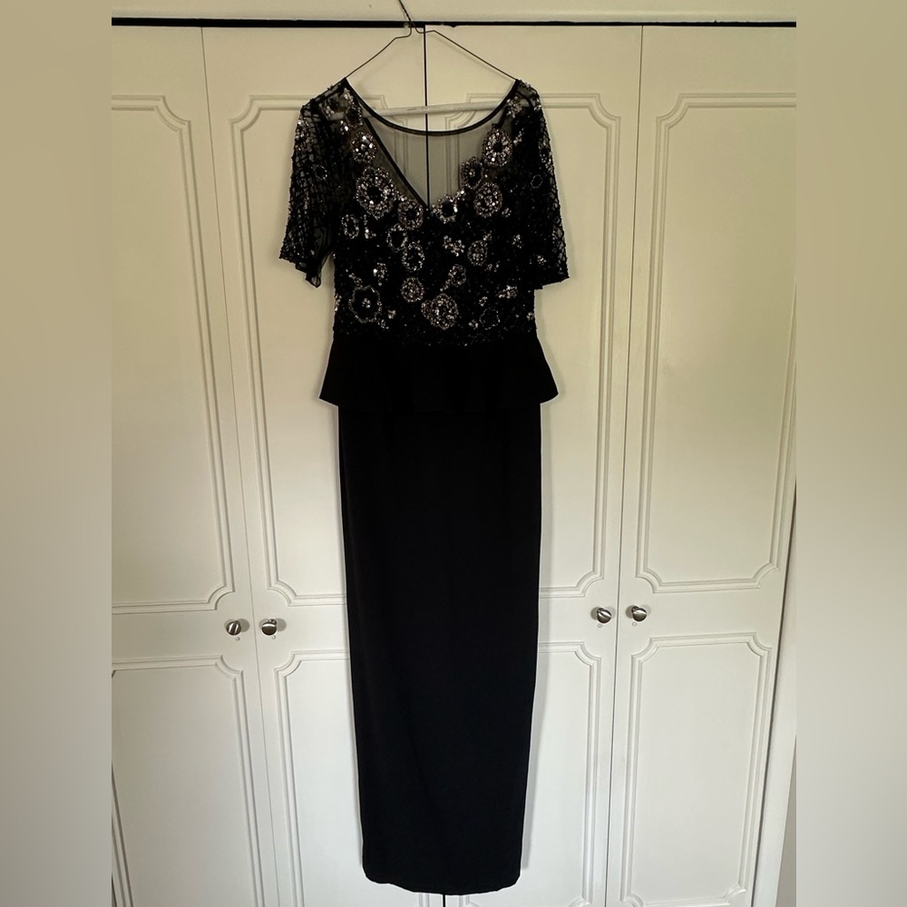 Adrianna Papell Black Beaded Peplum Maxi Dress